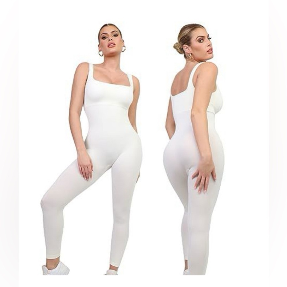 Popilush Seamless Square Neck One Piece Sport Jumpsuit - Soft White (XL)